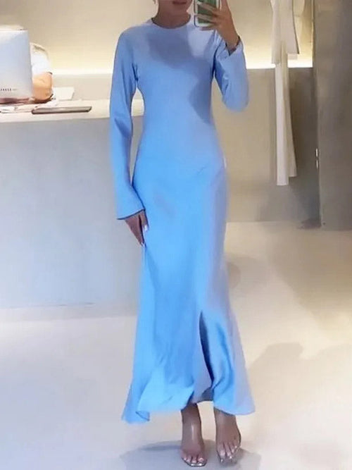 A-Line High Waisted Solid Color Round-Neck Maxi Dresses