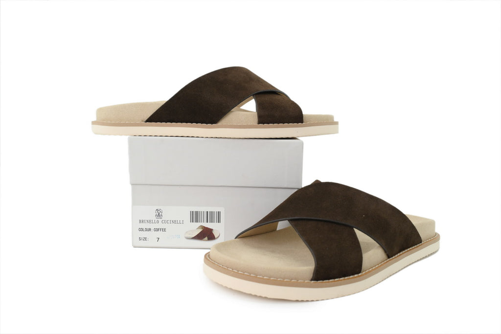 Brunello Cucinelli Suede Slide Sandals Coffee