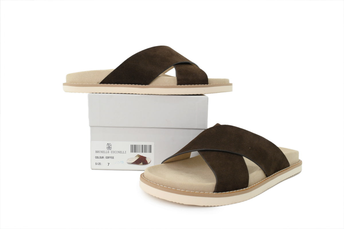 Brunello Cucinelli Suede Slide Sandals Coffee