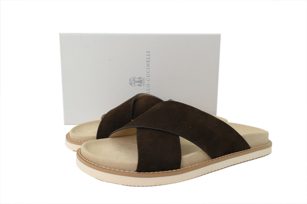 Brunello Cucinelli Suede Slide Sandals Coffee