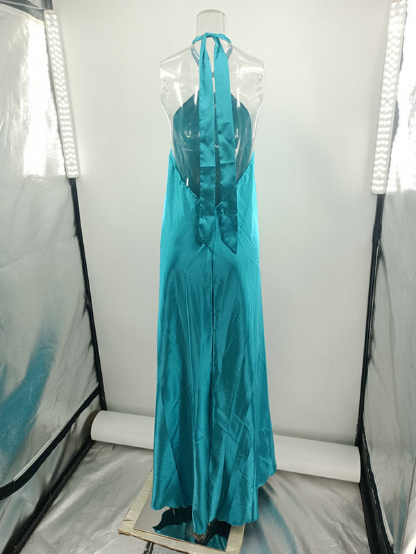 A-Line Loose Backless Solid Color Tied Halter-Neck Maxi Dresses