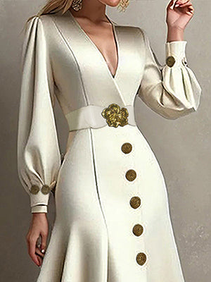 Loose Puff Sleeves Pleated Split-Joint Tied Waist V-Neck Midi Dresses
