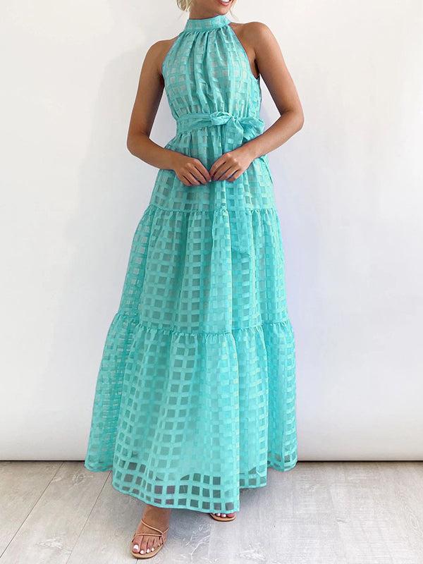 Loose Sleeveless Plaid Ribbed Stand Collar Maxi Dresses