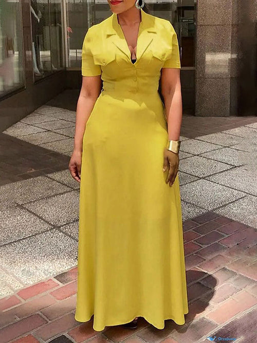 A-Line Loose Buttoned Pockets Solid Color Deep V-Neck Maxi Dresses