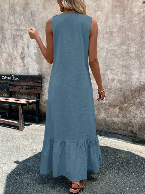 A-Line Loose Pleated Ruffle Trim Solid Color V-Neck Maxi Dresses