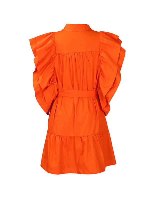 A-Line High Waisted Buttoned Pleated Ruffled Solid Color Tied Waist Lapel Mini Dresses