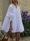 A-Line Long Sleeves Buttoned Pleated Solid Color V-Neck Mini Dresses Shirt Dress