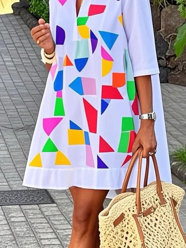 A-Line Half Sleeves Contrast Color Stand Collar Mini Dresses