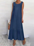 Loose Plus Size See-Through Solid Color Split-Joint Round-Neck Maxi Dresses