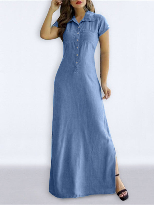 High Waisted Plus Size Buttoned Pockets Split-Side Lapel Maxi Dresses