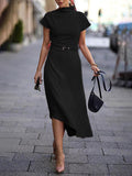 A-Line Loose Asymmetric Solid Color Mock Neck Midi Dresses
