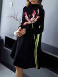 A-Line Long Sleeves Flower Print Pockets Mock Neck Midi Dresses