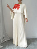 Cape Loose Floral Printed Pleated Split-Joint Round-Neck Evening Dresses Maxi Dresses
