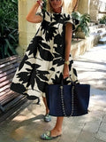 Loose Ruffle Sleeves Flower Print Pleated Round-Neck Midi Dresses
