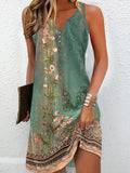 Loose Plus Size Floral Printed Split-Joint V-Neck Mini Dresses