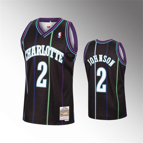 Men’s Charlotte Hornets #2 Larry Johnson Black Pinstripe Reload 1992-93  Hardwood Classics Jersey