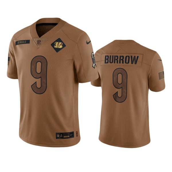 Men’s Cincinnati Bengals #9 Joe Burrow Brown 2023 Salute To Service Limited Jersey