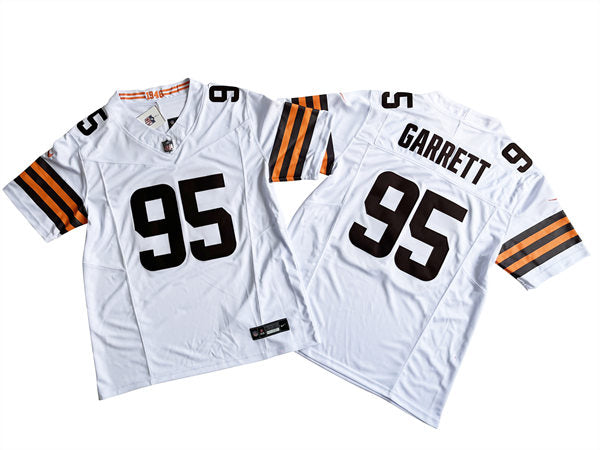 Mens Cleveland Browns #95 Myles Garrett Nike White Away 2023 F.U.S.E. Vapor Limited Jersey
