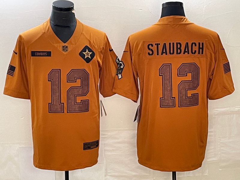 Men’s Dallas Cowboys Roger Staubach #12 Brown 2023 Salute To Service Retired Limited Jersey