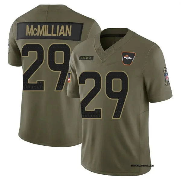 Mens Denver Broncos #29 Ja’Quan McMillian 2025 Salute to Service Limited Jersey – Olive