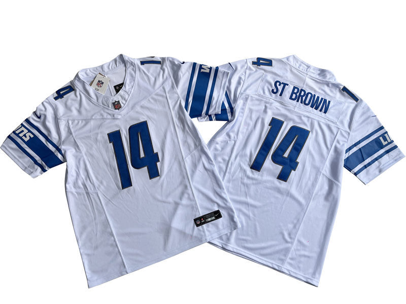 Mens Detroit Lions #14 Amon-Ra St. Brown Nike White 2023 F.U.S.E. Vapor Limited Jersey