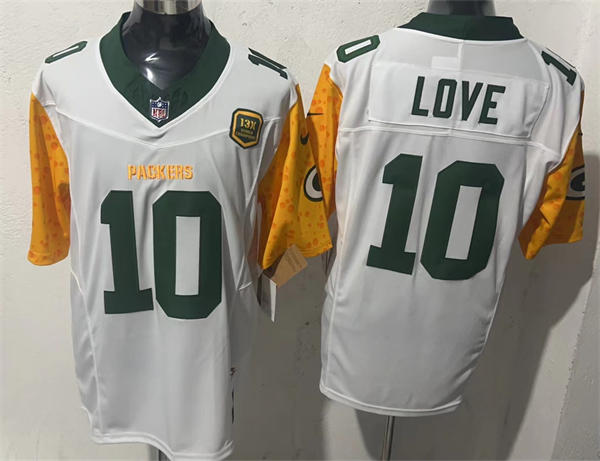 Mens Green Bay Packers #10 Jordan Love White 13X World Champions Patch F.U.S.E. Limited Jersey