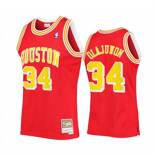 Mens Houston Rockets #34 Hakeem Olajuwon Red Gold Mitchell & Ness Hardwood Classics Jersey