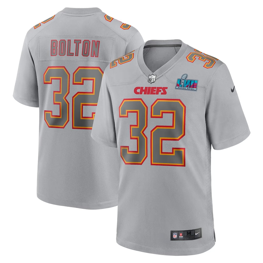 Men’s Kansas City Chiefs #32 Bolton Nike Gray Super Bowl LVII Patch Atmosphere Jersey