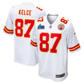 Men’s Kansas City Chiefs Travis Kelce #87 White Super Bowl LVII Patch Away Jersey