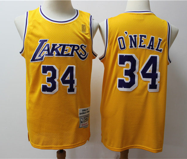 Mens Los Angeles Lakers #34 Shaquille O’Neal 1996-97 Gold  Throwback Jersey