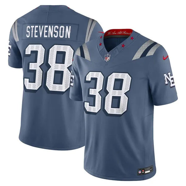 Mens New England Patriots #38 Rhamondre Stevenson Storm Blue Rivalries Collection F.U.S.E. Limited Jersey