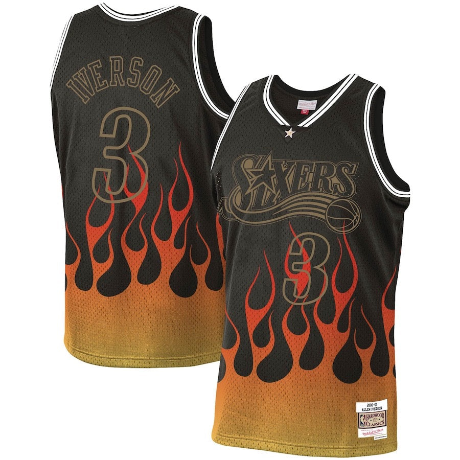 Men’s Philadelphia 76ers #3 Allen Iverson  Mitchell & Ness 1998-99 NBA Hardwood Classics Black Flames Jersey