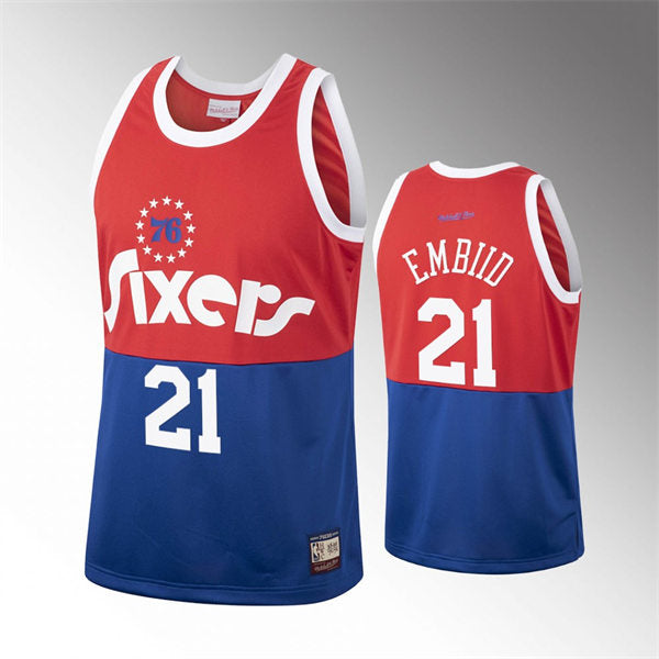 Men’s Philadelphia 76ers 76ers #21 Joel Embiid Red Blue Mitchell & Ness Hardwood Classics Team Heritage Fashion Jersey