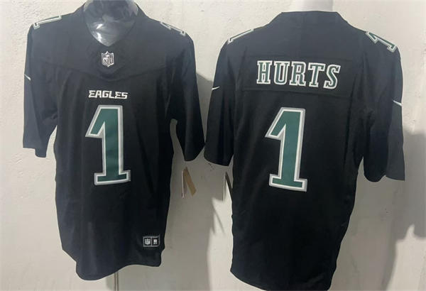 Mens Philadelphia Eagles #1 Jalen Hurts Nike Super Bowl LVII Patch Black Fashion Game Jersey