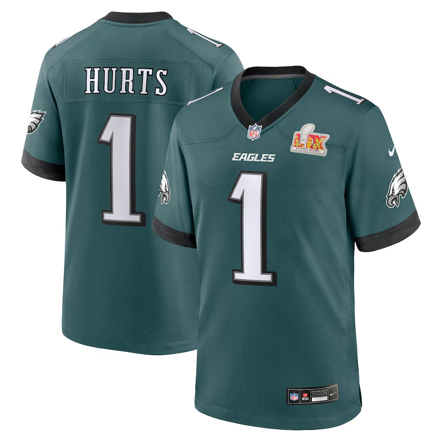 Men’s Philadelphia Eagles Jalen Hurts #1 Midnight Green Super Bowl LIX Jersey