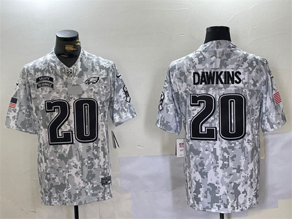 Mens Philadelphia Eagles Retired Player #20 Brian Dawkins Arctic Camo 2024 Salute To Service Limited Jersey
