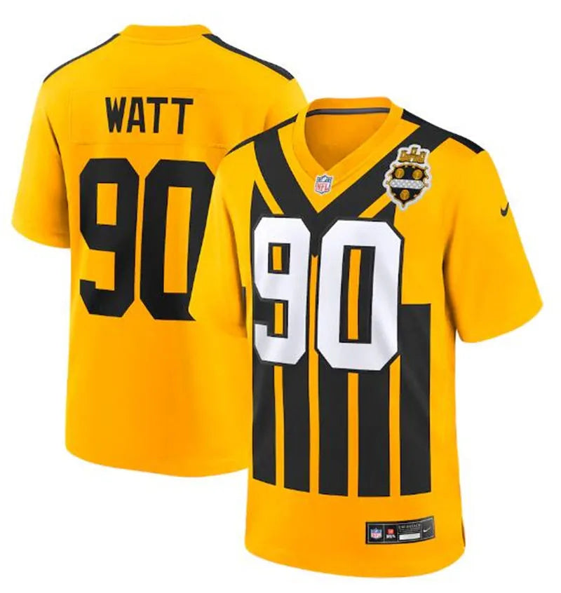 Mens Pittsburgh Steelers #90 T.J. Watt Nike Gold Alternate 1933 Throwback Game Jersey