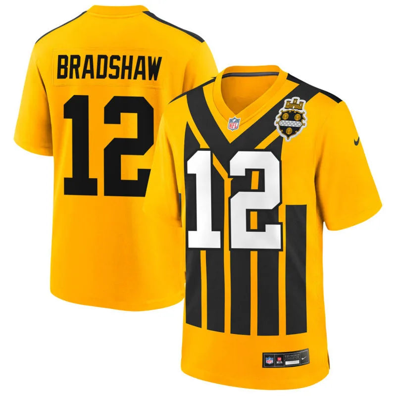 Mens Pittsburgh Steelers Retired Player #12 Terry Bradshaw Nike Gold Alternate 1933 Throwback Game Jersey