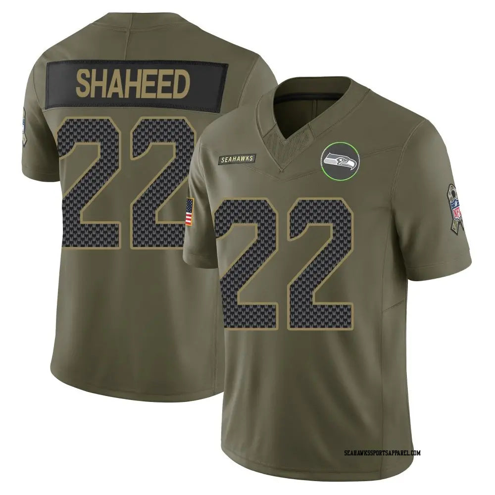 Men’s Seattle Seahawks #22 Rashid Shaheed 2025 Salute to Service Limited Jersey – Olive