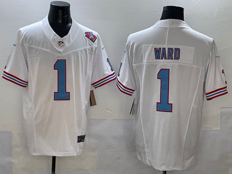 Men’s Tennessee Titans Cameron Ward #1 White 2025 NFL Draft First Round Pick Jersey