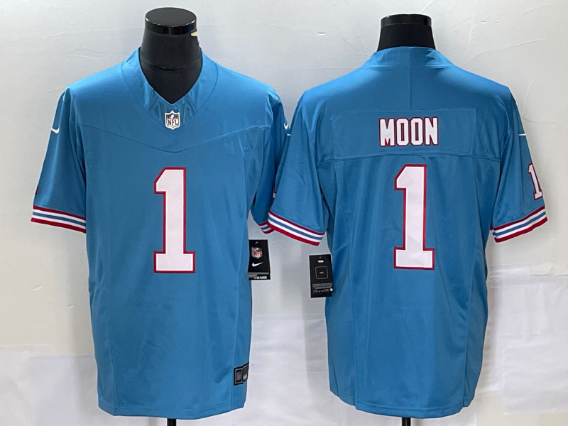 Men’s Tennessee Titans Warren Moon #1 Light Blue Oilers Throwback Retired Jersey